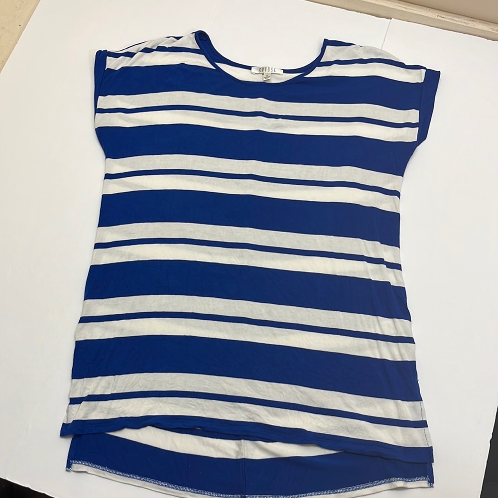Spense blue and white stripe strechy tunic with back button detail size medium